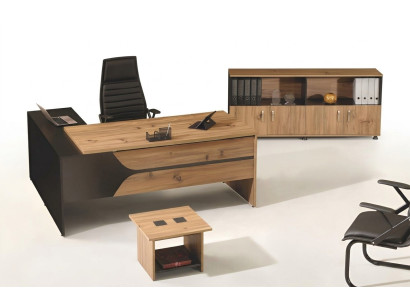 Muebles de oficina en marrón, conjunto de 3 piezas: escritorio de esquina, oficina completa, armario de madera.