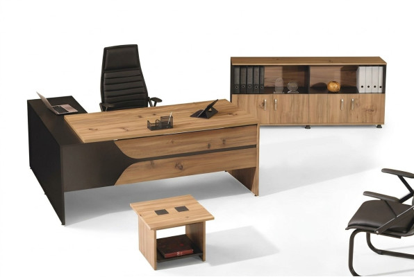 Muebles de oficina para computadora, escritorio de trabajo, muebles de oficina, 3 piezas de juego de mesa de madera marrón.