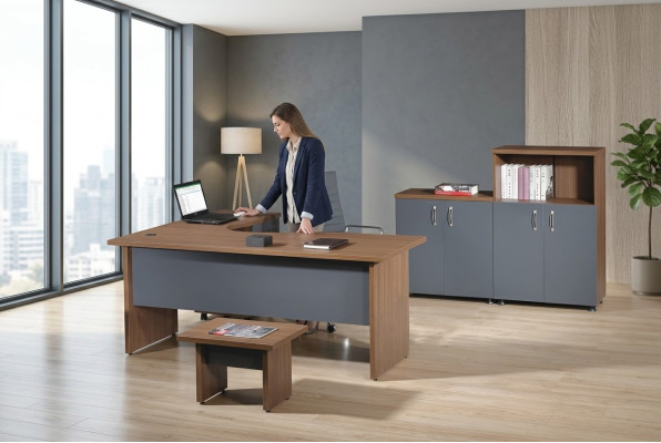 Conjunto de oficina completo Mesa de esquina para oficina Muebles de oficina de 4 piezas Juego de madera gris Mueble de computadora
