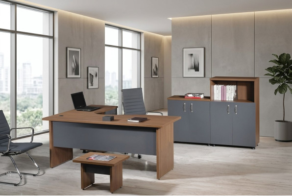 Conjunto de oficina completo Mesa de esquina para oficina Muebles de oficina de 4 piezas Juego de madera gris Mueble de computadora