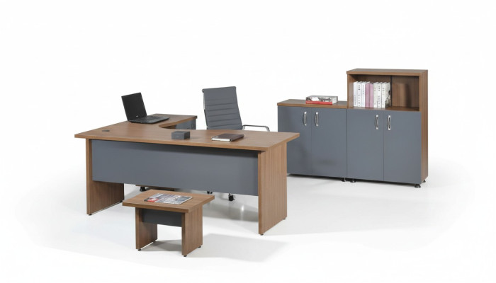 Conjunto de oficina completo Mesa de esquina para oficina Muebles de oficina de 4 piezas Juego de madera gris Mueble de computadora