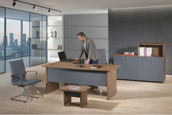 Grupo de oficina, escritorio de esquina, muebles de oficina, armario de 4 piezas de madera gris.