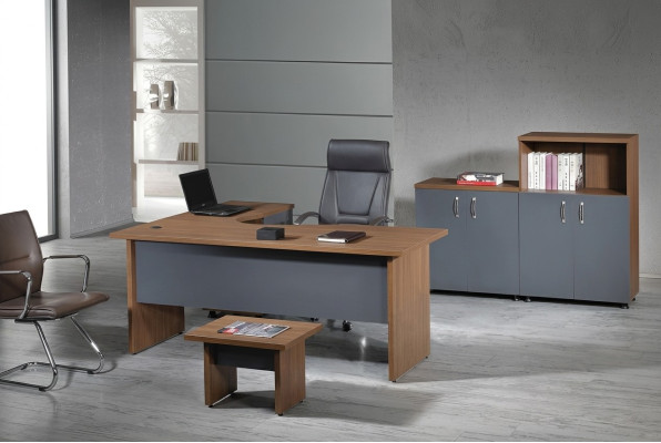 Grupo de oficina, escritorio de esquina, muebles de oficina, armario de 4 piezas de madera gris.