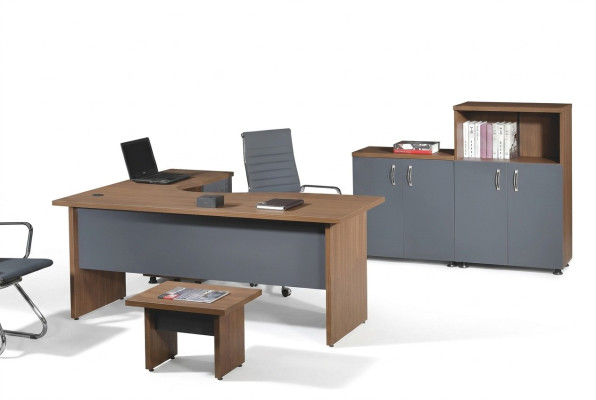 Grupo de oficina, escritorio de esquina, muebles de oficina, armario de 4 piezas de madera gris.