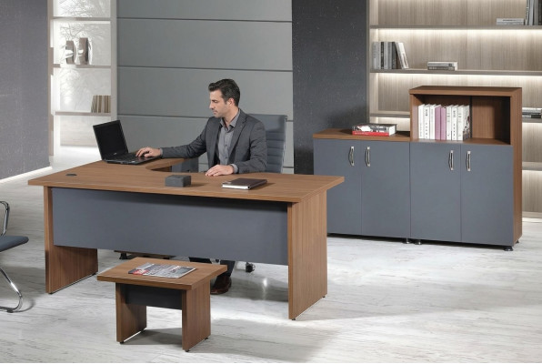 Conjunto de oficina, mesa de esquina de oficina, muebles de oficina, armario de 4 piezas, madera gris