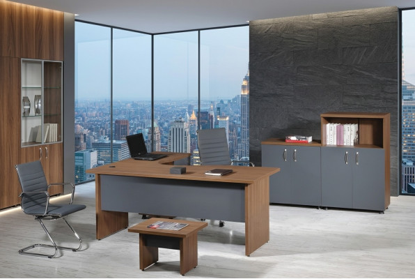 Conjunto de oficina, mesa de esquina de oficina, muebles de oficina, armario de 4 piezas, madera gris