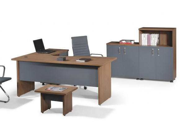 Conjunto de oficina, mesa de esquina de oficina, muebles de oficina, armario de 4 piezas, madera gris