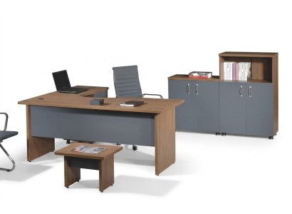 Conjunto de oficina, mesa de esquina de oficina, muebles de oficina, armario de 4 piezas, madera gris