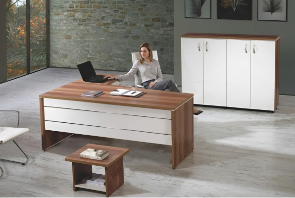 Juego de muebles de oficina de 3 piezas, escritorio de esquina, oficina completa, armario de madera, grupo blanco.