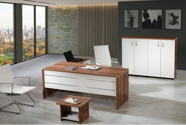 Juego de muebles de oficina de 3 piezas, escritorio de esquina, oficina completa, armario de madera, grupo blanco.
