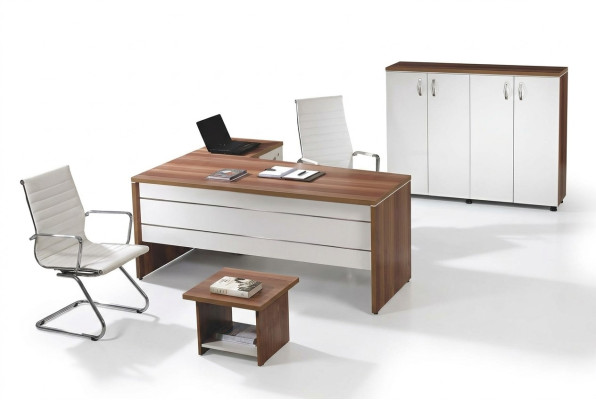 Juego de muebles de oficina de 3 piezas, escritorio de esquina, oficina completa, armario de madera, grupo blanco.