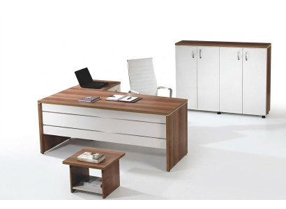 Conjunto de oficina, escritorio de esquina, muebles de oficina, armario de 3 piezas en madera blanca.