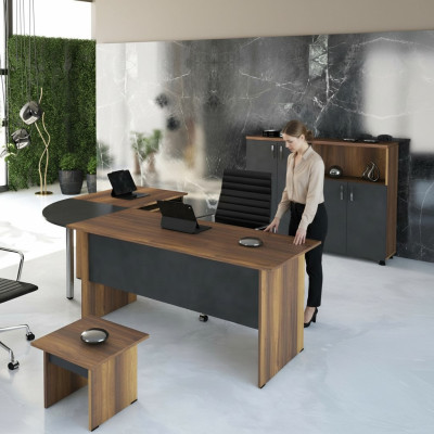 Mesa de oficina en esquina Mueble de ordenador Escritorio de trabajo Muebles de oficina conjunto de 3 piezas de madera marrón.