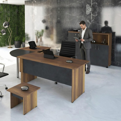 Juego de muebles de oficina clásicos de 3 piezas, escritorio de esquina completo de madera gris para oficina.
