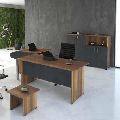 Juego de muebles de oficina clásicos de 3 piezas, escritorio de esquina completo de madera gris para oficina.