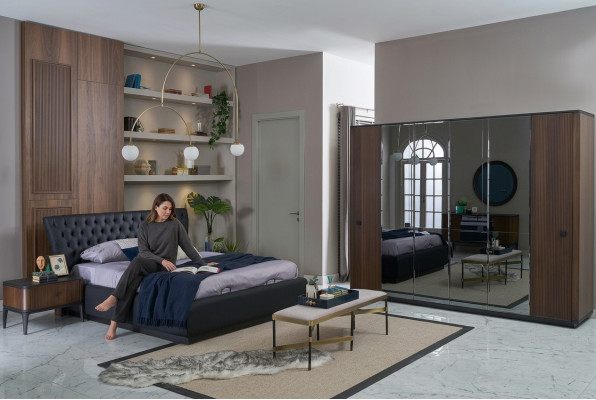 Cama doble Set completo de cama con marco de cama 4 piezas Dormitorio Negro