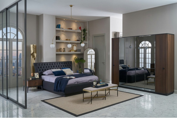 Cama doble Set completo de cama con marco de cama 4 piezas Dormitorio Negro