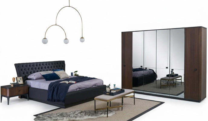 Cama doble Set completo de cama con marco de cama 4 piezas Dormitorio Negro