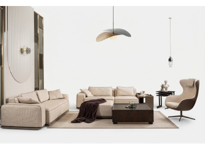 Conjunto de sofás de lujo de tres plazas en tela beige, sofá tapizado y sillón.