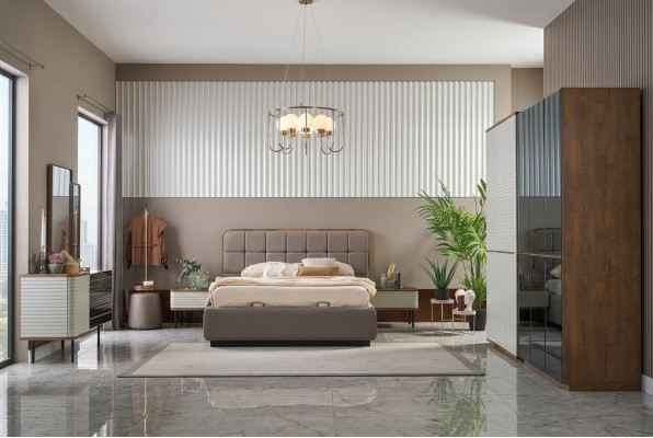 Juego de dormitorio moderno de 7 piezas con cama doble completa de madera marrón.