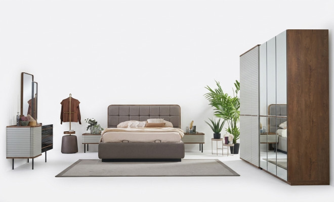Juego de dormitorio moderno de 7 piezas con cama doble completa de madera marrón.