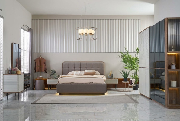 Dormitorio conjunto completo de 5 piezas Cama doble Marrón Madera Marco de cama