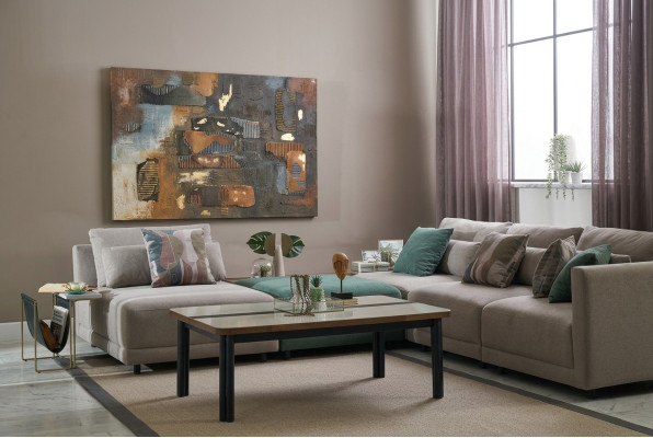 Sofá esquinero en forma de L, sofá de salón, sofá tapizado de tela, sofás beige de diseño.