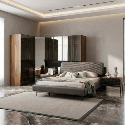 Diseño de cama Dormitorio Cama doble Marrón Marco de cama de madera Conjunto de 4 piezas.
