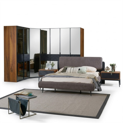 Diseño de cama Dormitorio Cama doble Marrón Marco de cama de madera Conjunto de 4 piezas.