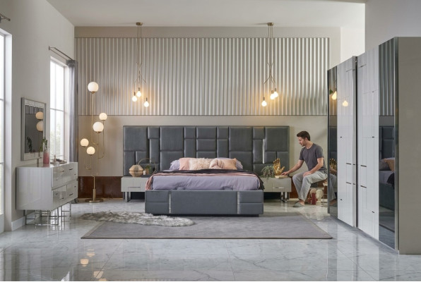Marco de cama Dormitorio Cama doble Gris Madera Conjunto 6 piezas Armario