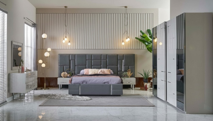 Marco de cama Dormitorio Cama doble Gris Madera Conjunto 6 piezas Armario