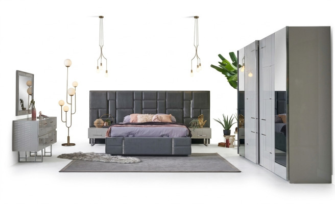 Marco de cama Dormitorio Cama doble Gris Madera Conjunto 6 piezas Armario