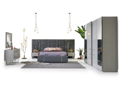 Marco de cama Dormitorio Cama doble Gris Madera Conjunto 6 piezas Armario