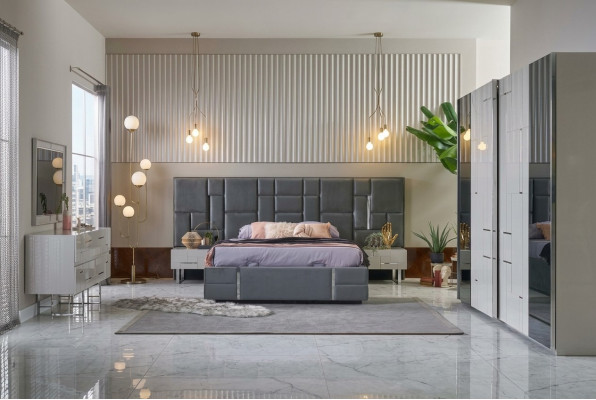 Cama matrimonial Marco de cama Dormitorio Gris Madera Conjunto de 6 piezas Armario