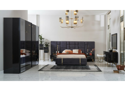 Cama doble de lujo Marco de cama de madera Conjunto de dormitorio 6 piezas Diseño negro