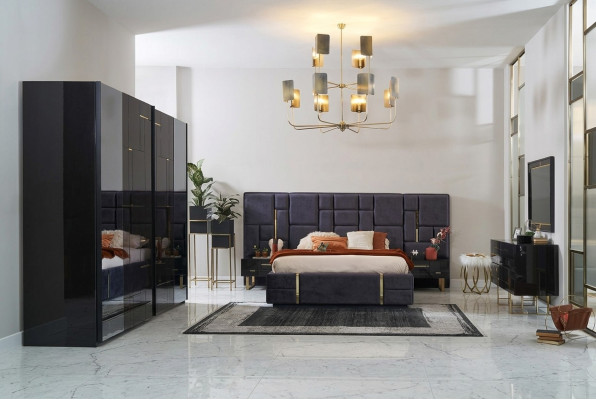 Diseño de cama doble Marco de cama de lujo Dormitorio de madera Set de 6 piezas Negro