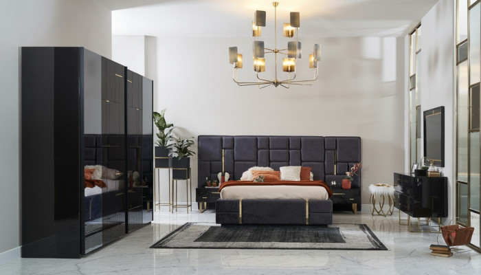 Diseño de cama doble Marco de cama de lujo Dormitorio de madera Set de 6 piezas Negro