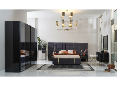 Diseño de cama doble Marco de cama de lujo Dormitorio de madera Set de 6 piezas Negro