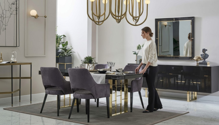 Mesa de comedor de lujo de 9 piezas en negro de madera.