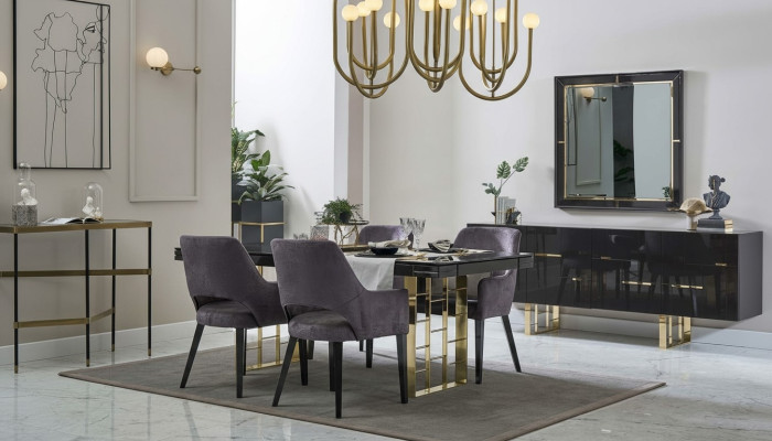 Mesa de comedor de lujo de 9 piezas en negro de madera.