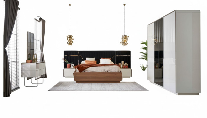 Dormitorio de lujo Cama doble Marco de cama de madera Set de 6 piezas Diseño azul