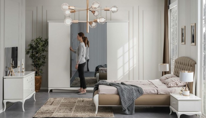 Grupo de dormitorio con cama doble, marco de cama, juego de cama de 6 piezas en blanco.