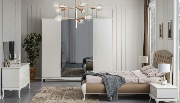 Grupo de dormitorio con cama doble, marco de cama, juego de cama de 6 piezas en blanco.