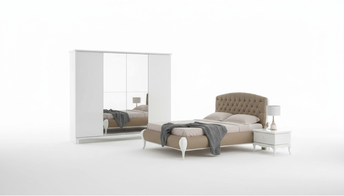Grupo de dormitorio con cama doble, marco de cama, juego de cama de 6 piezas en blanco.