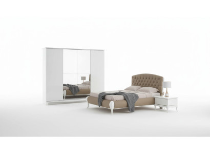 Grupo de dormitorio con cama doble, marco de cama, juego de cama de 6 piezas en blanco.
