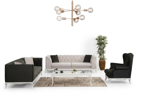 Conjunto completo de sofás Chesterfield tapizados de 3 piezas en tela de color negro.