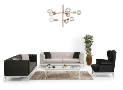 Conjunto completo de sofás Chesterfield tapizados de 3 piezas en tela de color negro.