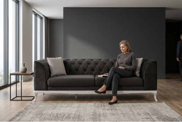Salón Chesterfield de tres plazas, sofá de tela negro de 3 plazas.