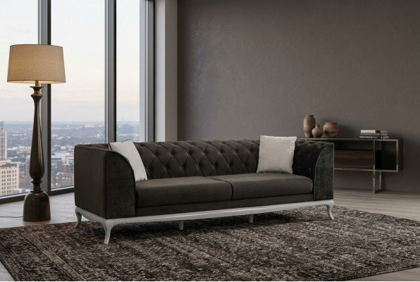 Salón Chesterfield de tres plazas, sofá de tela negro de 3 plazas.