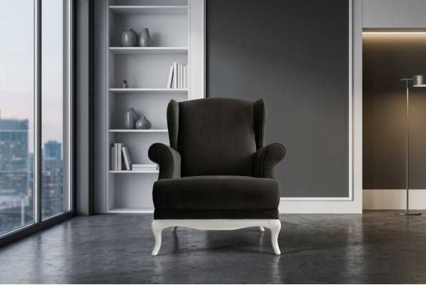 Sillón individual de tela para sala de estar clásico negro, asiento tapizado.